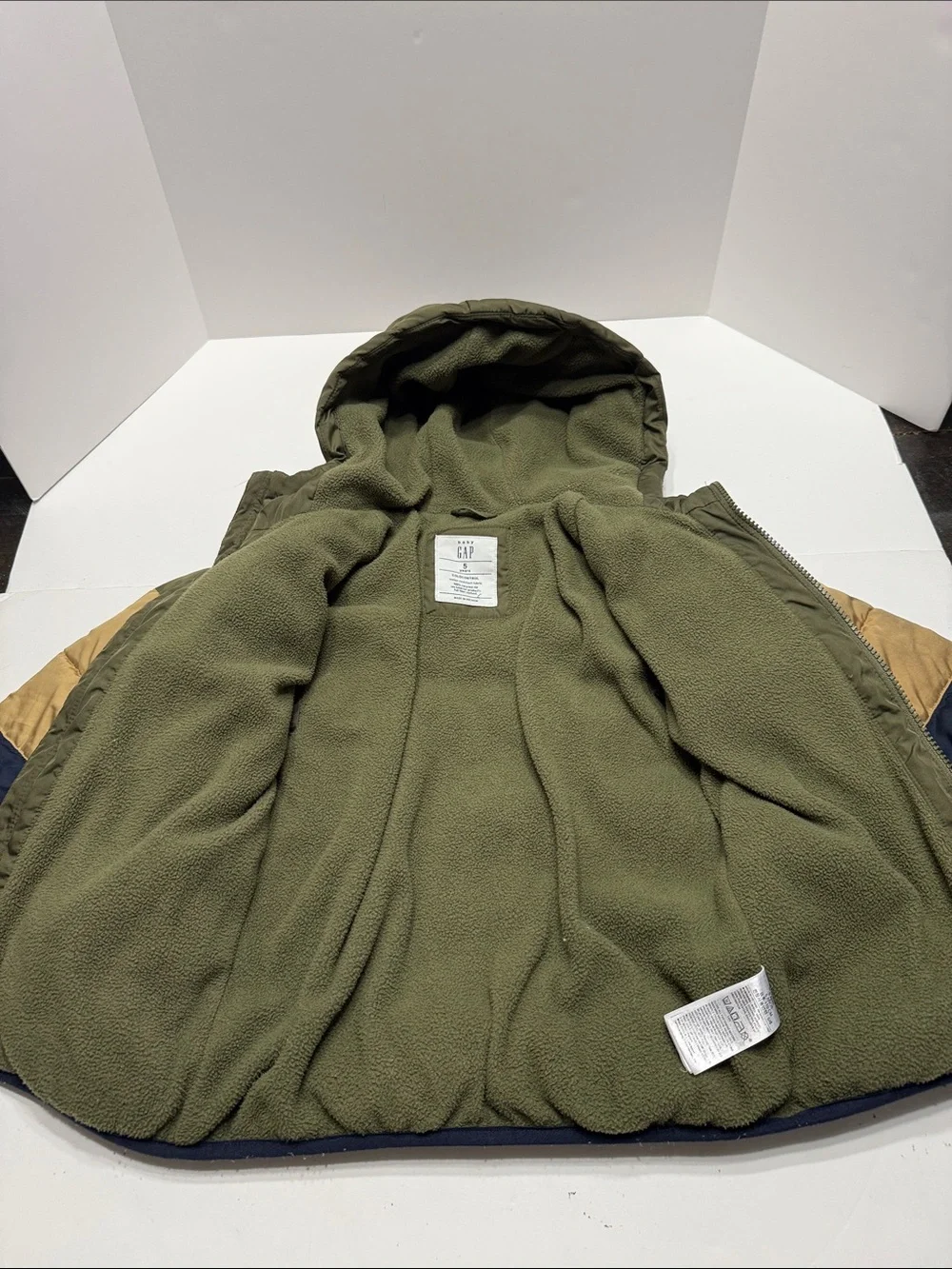 GAP Kids Hooded Colorblock Puffer Jacket - Olive, Tan, Navy